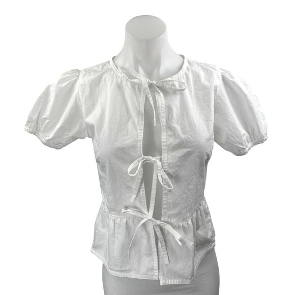NEW Urban Outfitters Motel White Tie Front Puff Sleeve Peplum Blouse Top Size XS - Picture 1 of 5